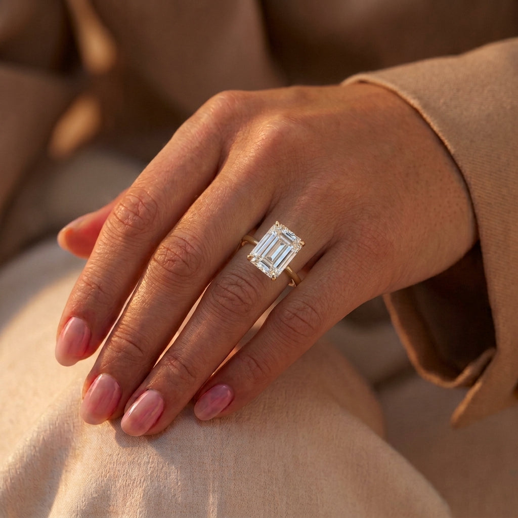 Signature Claw Solitaire with Emerald Lab Grown Diamond and Hidden Halo